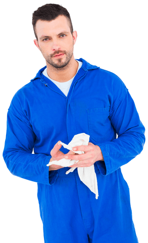 transparent mechanic wiping hands with cloth in blue coveralls - Download Free Stock Videos Pikwizard.com