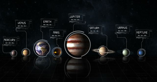 Digital illustration of the planets in the solar system with data overlays. Useful for science education materials, astronomy presentations, and space exploration exhibitions. Creative asset for teaching and visual media on planets and space.