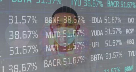 Businessman with Mask Amid Digital Financial Data Overlay
