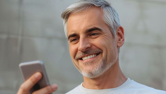 Smiling middle-aged man checking smartphone, salt-and-pepper beard, casual closeup portrait