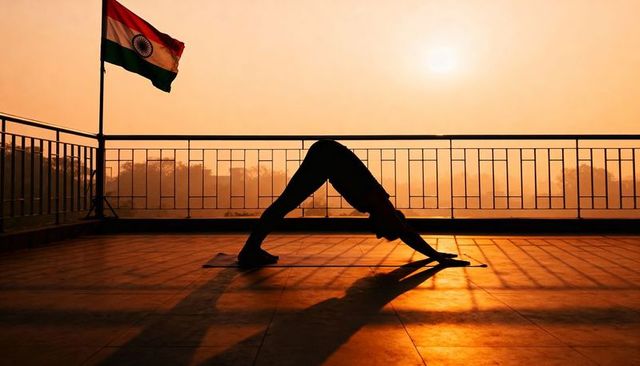 Silhouette practicing downward dog on rooftop at golden hour with indian flag and urban skyline