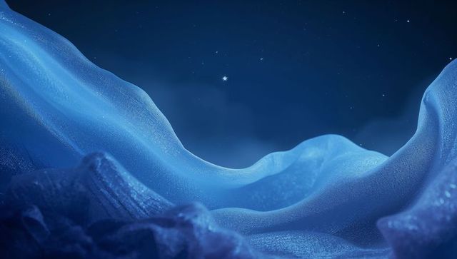 Flowing glittering blue fabric dunes under starry night sky surreal nocturnal landscape