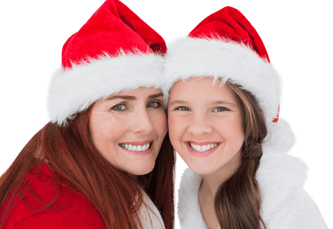 Caucasian Mother and Daughter in Santa Hats on Transparent Background