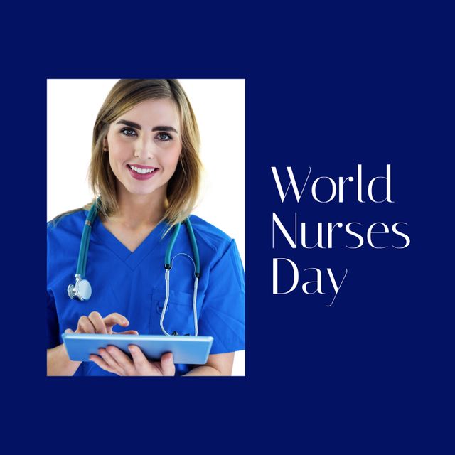 Caucasian Nurse Smiling with Tablet for World Nurses Day Celebration - Download Free Stock Templates Pikwizard.com