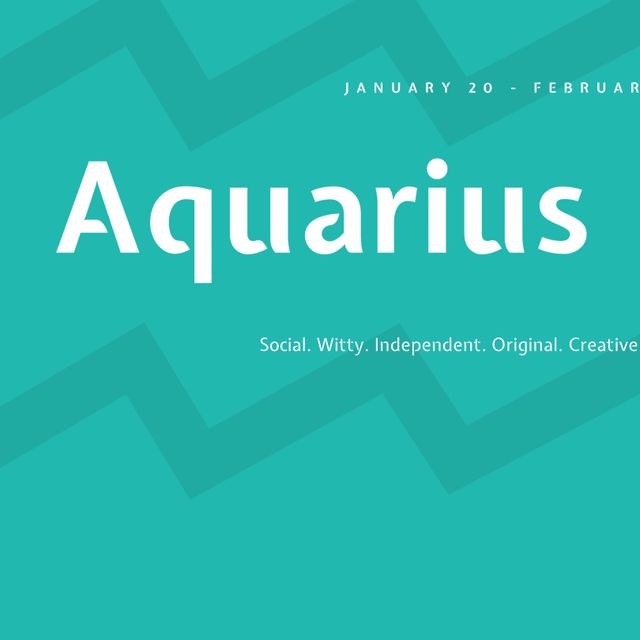 Image centers on celebrating Aquarius season with a teal backdrop featuring zodiac traits. It includes keywords like social, witty, independent, original, and creative. It is useful for astrology websites, horoscope content, social media posts about zodiac signs, birthday e-cards, and Aquarius identity posters.