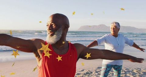 Sunlit beach workout senior couple stretching and balancing with golden confetti