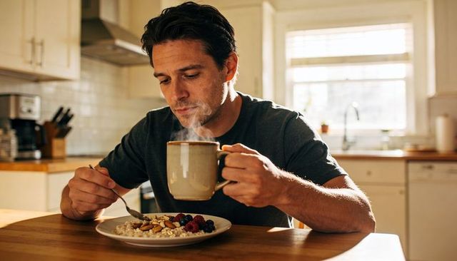 Adult man holding steaming mug stirring berry-topped porridge at sunlit kitchen table