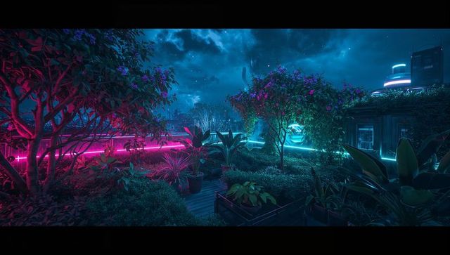 Neon-Lit Rooftop Garden at Night with Glowing Planter Boxes