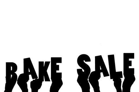 Bake sale text with hand illustrations on transparent background