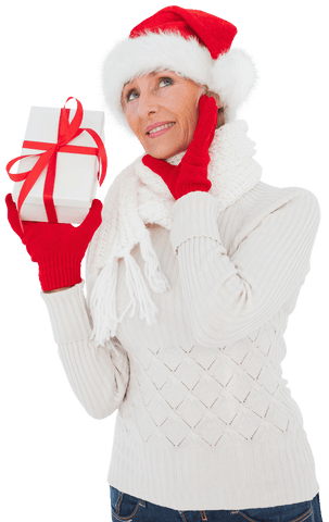 Happy Woman in Santa Hat Holding Gift on Transparent Background