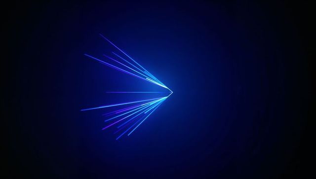 Neon apex emitting fanning cyan blue purple beams radiant converging light on dark