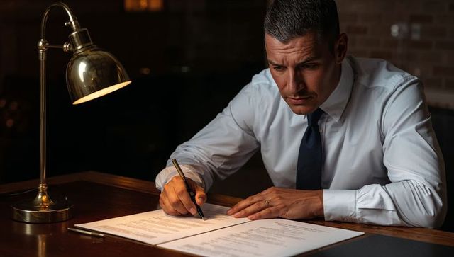 Executive Signing Contract Under Warm Desk Lamp, Businessman Signing Documents Late Night