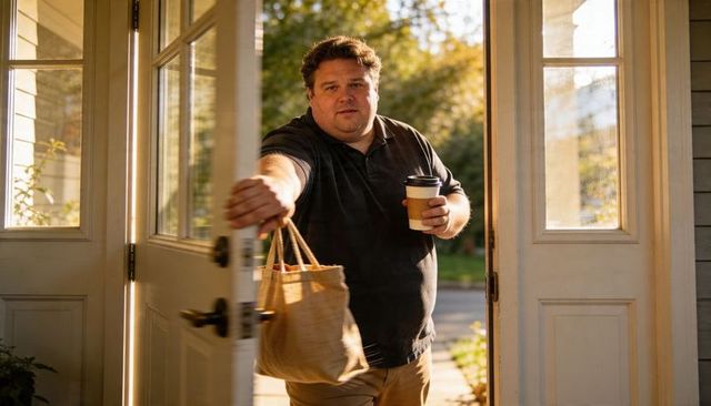 Middle-aged man entering home carrying reusable tote and coffee at doorstep in golden hour