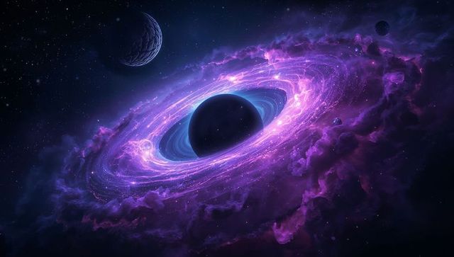 Dark Sphere in Cosmic Purple Swirling Nebula with Moons