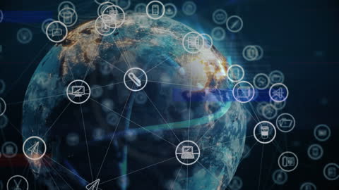 Digital Global Network with Technology Icons Overlay