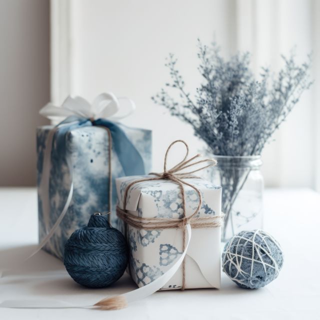Close up of gifts and baubles, created using generative ai technology. Gift, present, giving and celebration concept digitally generated image.