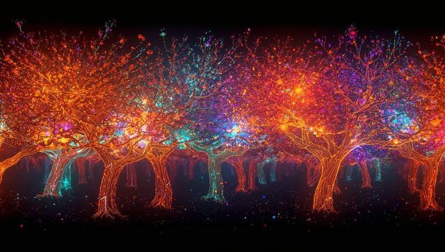Glowing Neon Grove Emitting Filament Light and Floating Prismatic Particles