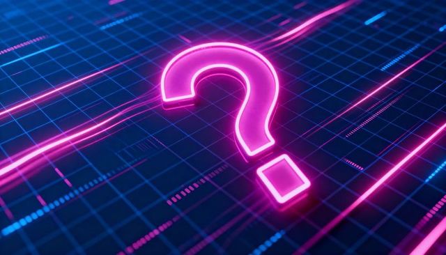 Neon Question Mark on Digital Grid Symbolizing Tech Uncertainty, AI Inquiry, Analytics