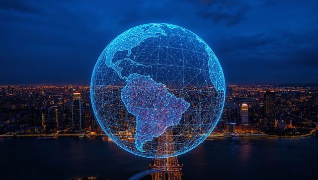 Holographic globe hovering over urban night skyline highlighting south america connectivity