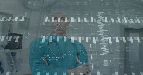 Surgeon crossing arms in scrubs with stethoscope and medical data visualization overlay