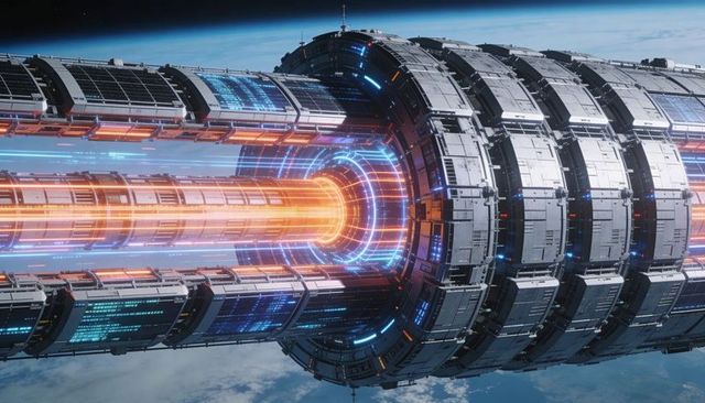 Cylindrical plasma propulsion streaming bright orange energy with blue rings in orbit