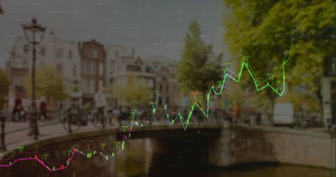 Rising Financial Charts Overlay Urban Cityscape River