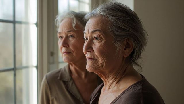 Two senior women gazing out window, contemplative companionship and serene elder portrait