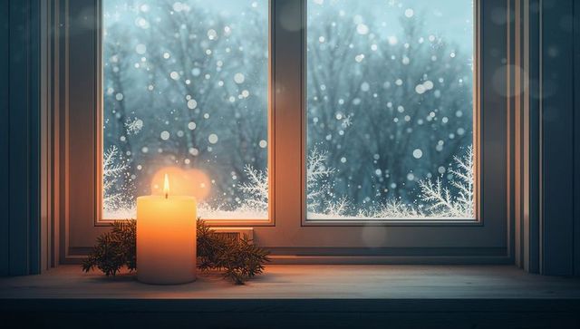 Glowing pillar candle on wooden windowsill with warm glow, frosted window and falling snow