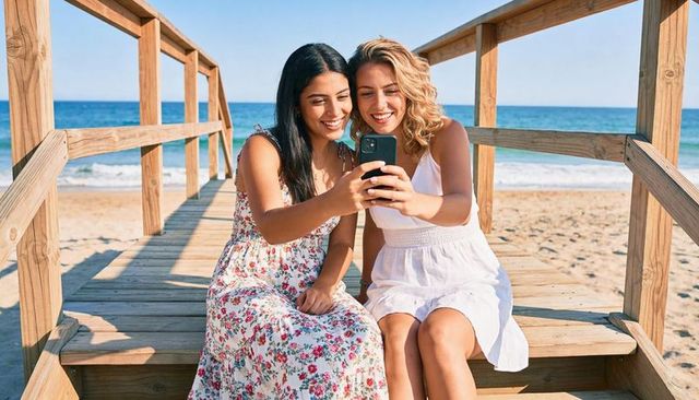 Two women taking selfie on wooden beach steps by ocean on sunny summer day