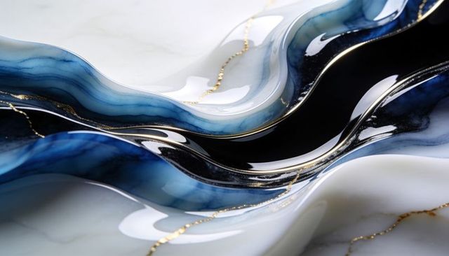 Glossy blue resin waves with gold veins and marble layers for luxury decor modern accent