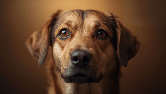 Close-up gazing brown dog portrait showing amber eyes detailed fur texture warm studio