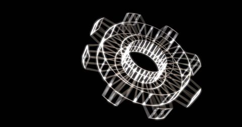 Digital wireframe cogwheel on black background
