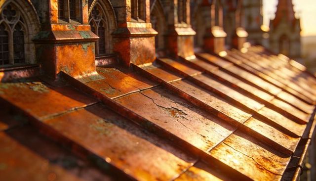 Weathered copper rooftop panels glowing at sunset showing patina, verdigris and gothic dormers