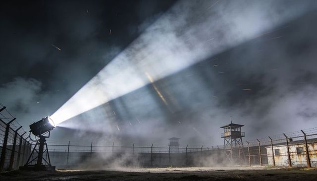 Searchlight sweeping guarded perimeter at night with watchtowers, barbed wire and fog