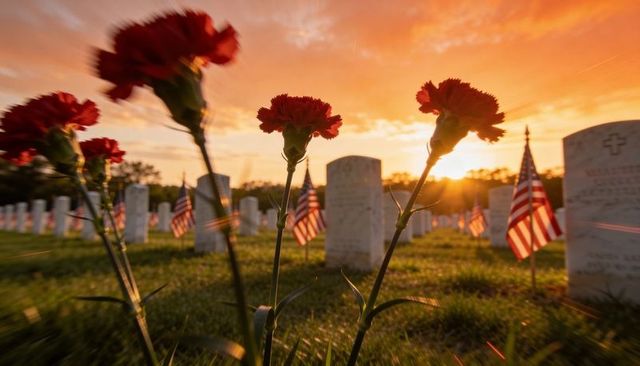 Sunlit red carnations honoring fallen soldiers at military cemetery during golden sunrise