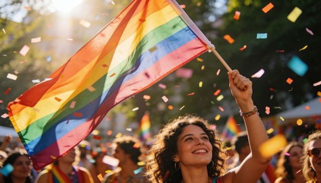 Joyful woman waving rainbow pride flag amid confetti at energetic outdoor pride parade