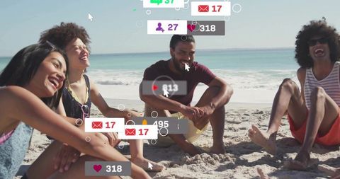 Joyful Beach Friends with Social Media Interaction Icons