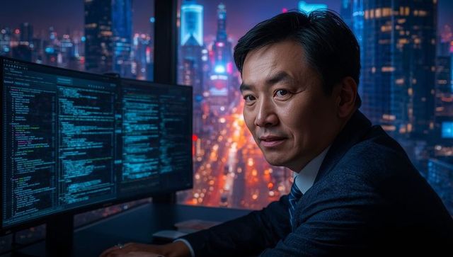 Business professional coding on dual monitors in modern city office