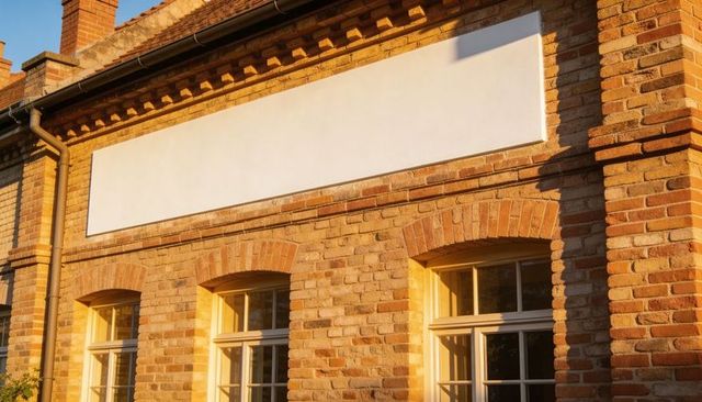 Basking brick facade showing blank signboard above arched white windows in golden light