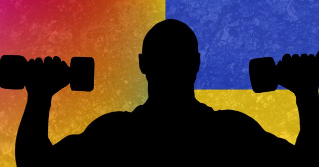 Silhouette of fit man working out with dumbbells against ukraine flag design background. ukraine crisis, invasion and conflict concept