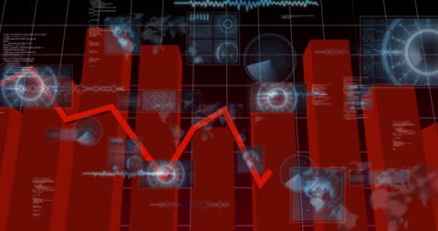 Global Market Decline: Red Bar Chart with Digital Interface