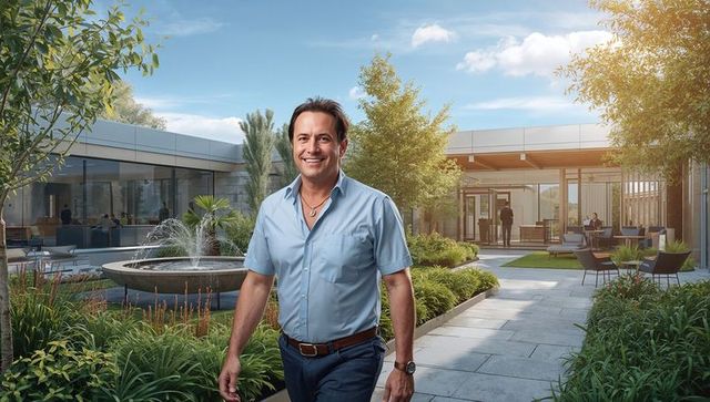 Confident man walking through modern office courtyard with fountain, glass facade, greenery