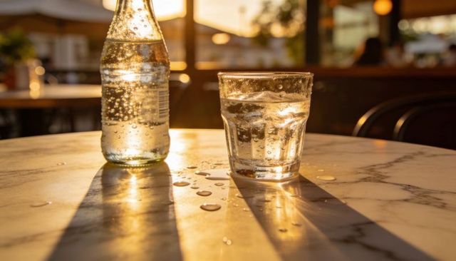 Golden hour sparkling water glass and bottle on marble table with warm sun reflections