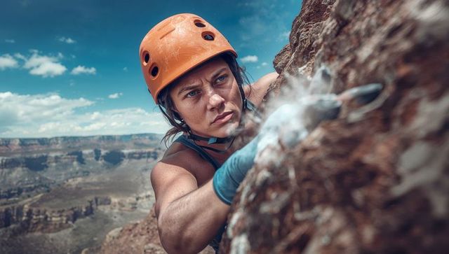 Female rock climber reaching and clipping bolt on rugged canyon cliff