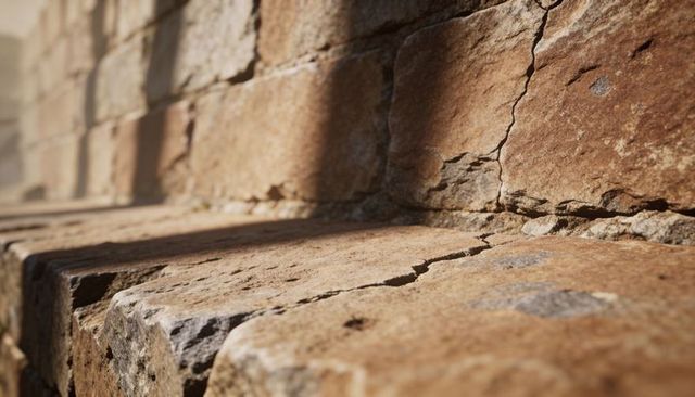 Weathered sandstone ledge showing deep crack, sunlit texture and rustic masonry detail