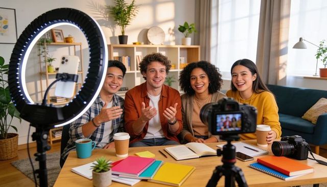Young creators recording collaborative vlog in bright home studio with led ring light