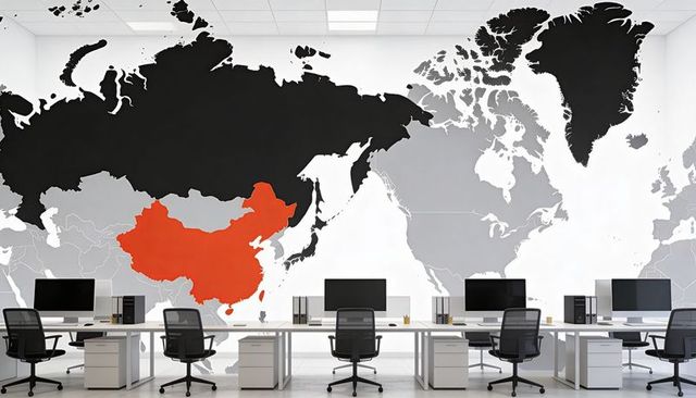 Modern office featuring world map mural highlighting china in red, minimalist design