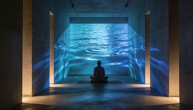 Solitary meditator facing immersive water projection in minimalist concrete gallery, yoga mat