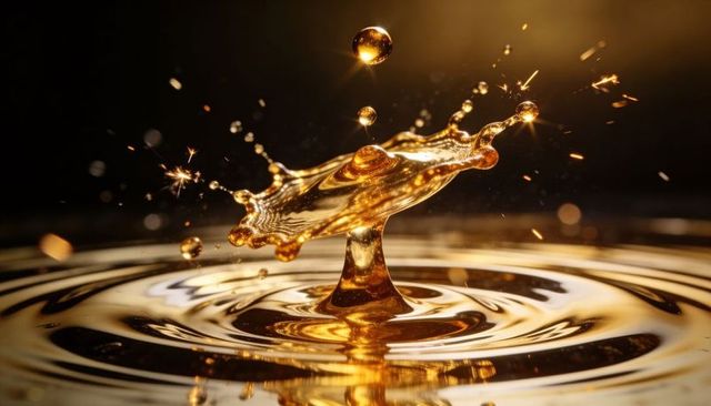 Golden liquid crown splash sparkling with hovering droplets, reflective ripples macro