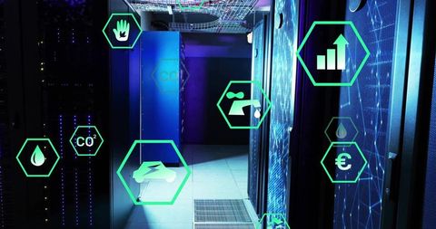 Eco-friendly data center corridor with energy efficiency icons